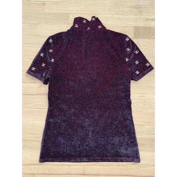 Chanel 20N Navy Blue Fuchsia Pink Silver Sequin CC Logo Stretch Top T Shirt 38 - Picture 15 of 16